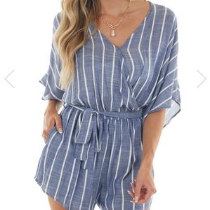 Stormy Blue Striped Surplice Neck Woven Romper
